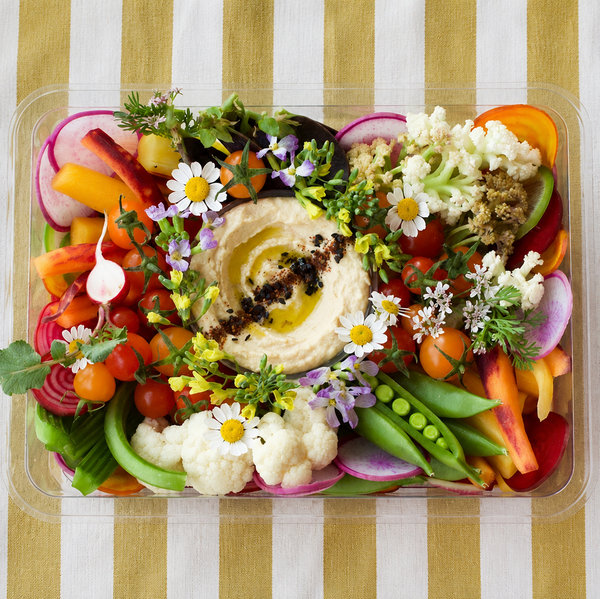 Lady & Larder farmers market crudités and hummus box on striped linen